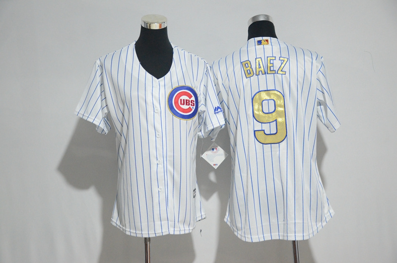 Womens 2017 MLB Chicago Cubs #9 Baez CUBS White Gold Program Jersey